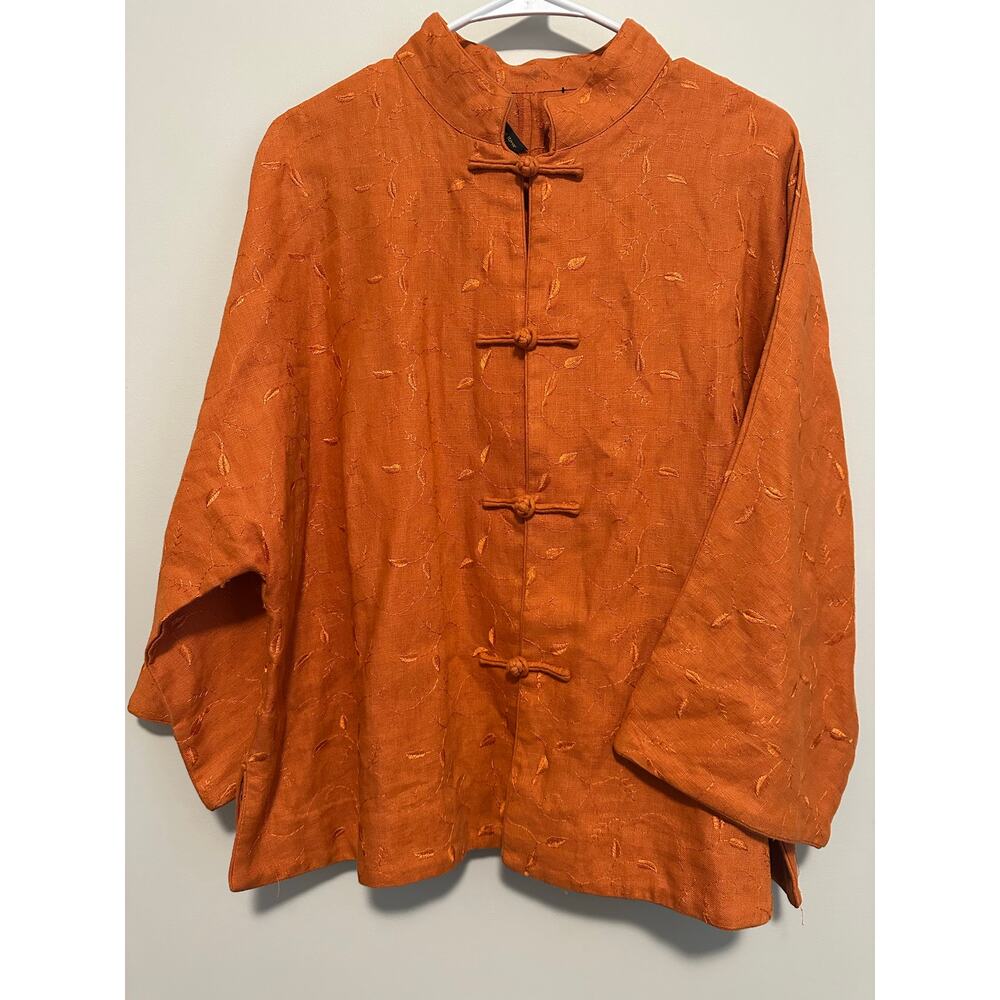 Pearl River Women’s XL Orange Linen Mandarin Collar Toggle Jacket Boho Asian